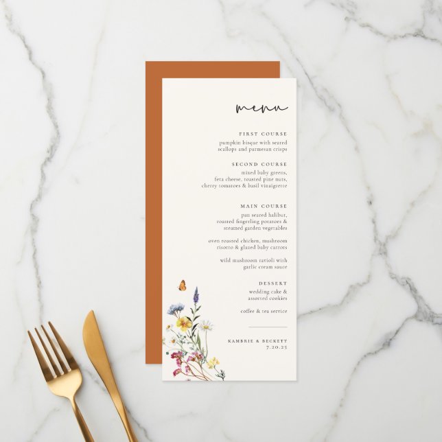 Menu Mariage floral Wild Meadow (Devant/Arrière en situation)