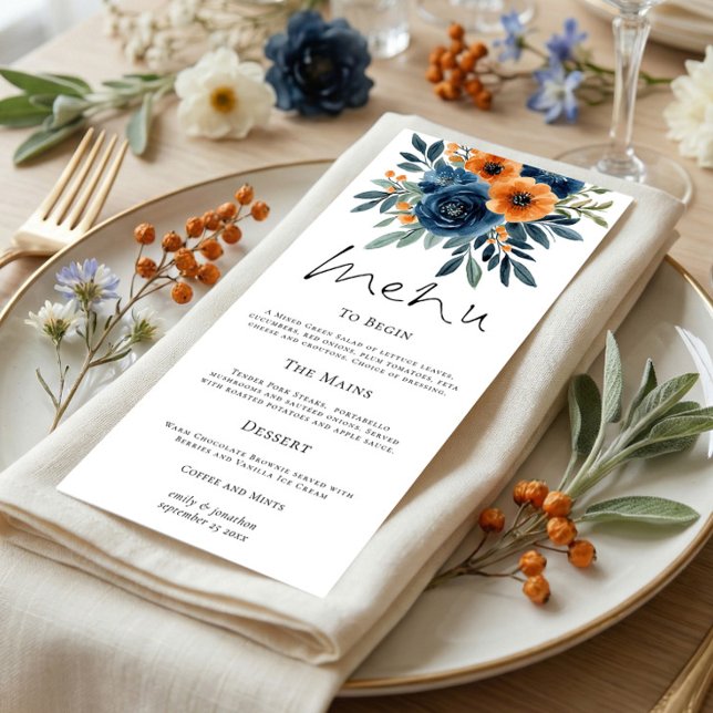 Menu Mariage Florales Orange Brûlé et Bleu Marine (Créateur téléchargé)