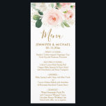 Menu Mariage Flore et Poussière Or<br><div class="desc">Cette élégante carte de mariage présente de belles fleurs d'aquarelle rose pâle avec des confettis de parties scintillant en faux or et des accents de poussière d'or. La coordination de la calligraphie dorée foncée complète le design floral agréable.</div>