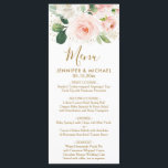 Menu Mariage Flore et Poussière Or<br><div class="desc">Cette élégante carte de mariage présente de belles fleurs d'aquarelle rose pâle avec des confettis de parties scintillant en faux or et des accents de poussière d'or. La coordination de la calligraphie dorée foncée complète le design floral agréable.</div>