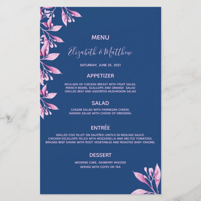 Menu mariage flûtes bleu marine rose (Devant)