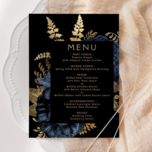 Menu Mariage Foncé Floral Bleu Nuit Or (Créateur téléchargé)
