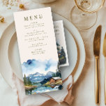 Menu Mariage forestier de Country Lake Mountain<br><div class="desc">Menu mariage au design aquarellé avec une charmante grange mariage rustique nichée sur les rives d'un lac tranquille, encadrée de montagnes majestueuses et de pins. La scène de la campagne aquarelle saisit la beauté sereine d'une journée ensoleillée, avec les teintes chaudes en bois de la grange parfaitement reflétées dans les...</div>