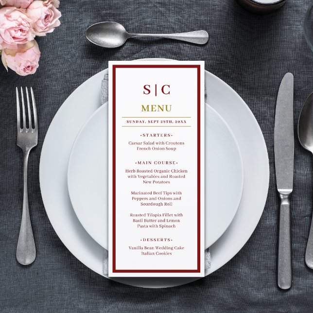 Menu Mariage Formel Classique avec Monogramme en Bourgo (Burgundy and gold monogram wedding menu adds elegant charm to your formal table setting.)