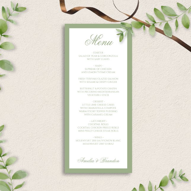 Menu Mariage Formel Classique Vert Sauge Bordure Script (Créateur téléchargé)