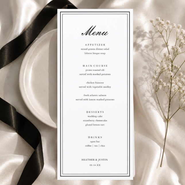 Menu Mariage Formel Élégant Noir et Blanc (Créateur téléchargé)