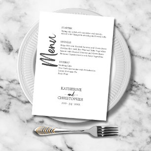 Menu Mariage Formel Élégant Script Noir et Blanc