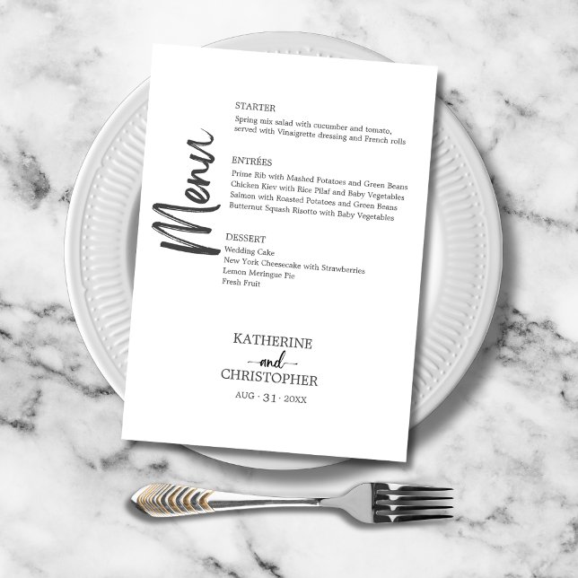 Menu Mariage Formel Élégant Script Noir et Blanc (Bold Black and White Vertical Script Wedding Menu with Menu Choices for each course.)