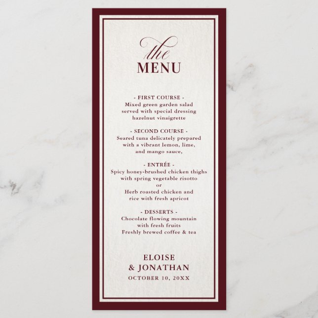 Menu Mariage Formel Luxueux Bourgogne Argent Ancien (Devant)