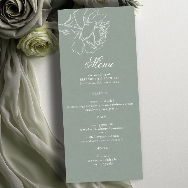 Menu Mariage Formel Moderne Classique Vert Sauge Roses  (sage green wedding theme menu card modern classic white roses floral frame formal traditional)