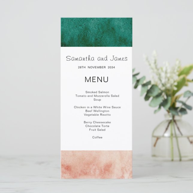 Menu Mariage Formel Moderne Rose Pâle Vert Aquarelle  (Debout devant)