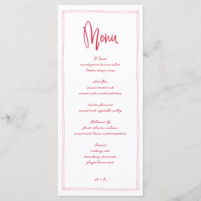 Menu Mariage français manuscrit rose et rouge (Devant)