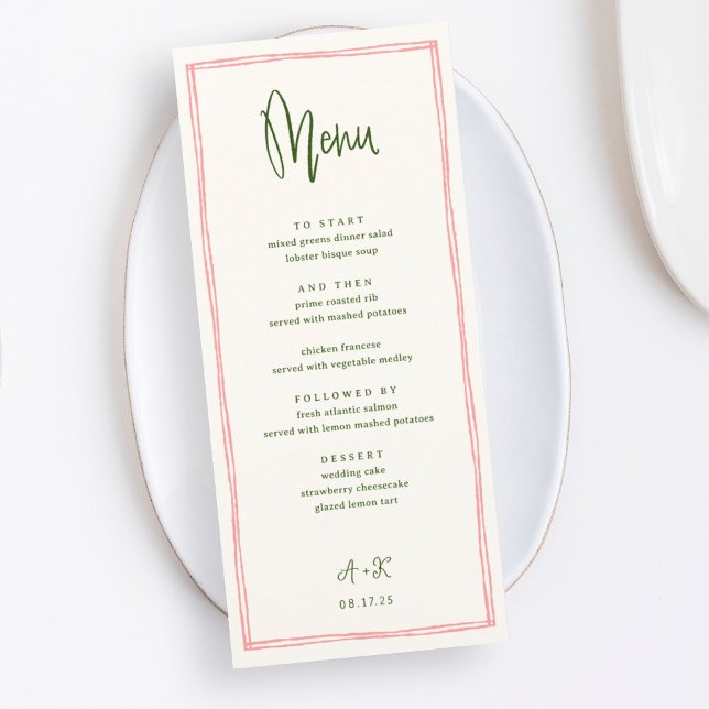 Menu Mariage français manuscrit rose et vert (Créateur téléchargé)