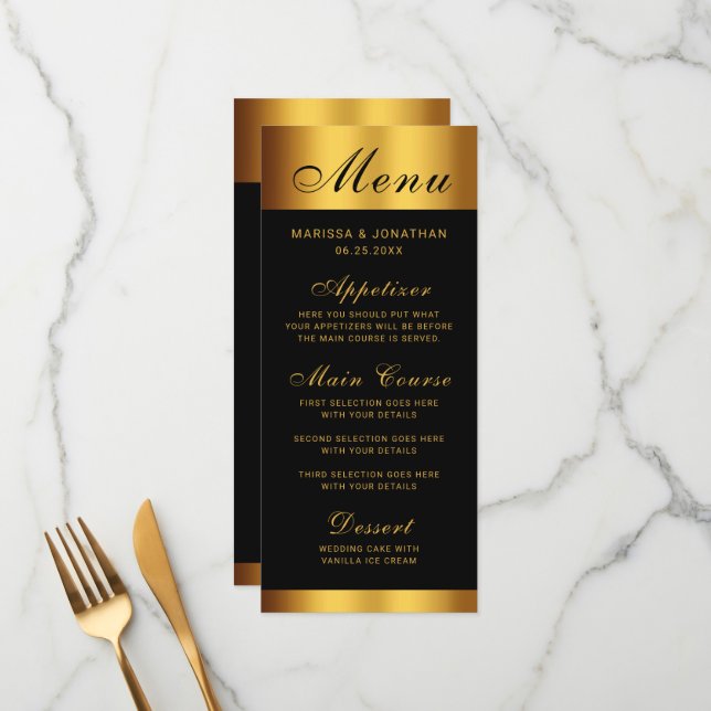 Menu Mariage frontalier de luxe Black Gold Calligraphie (Devant/Arrière en situation)