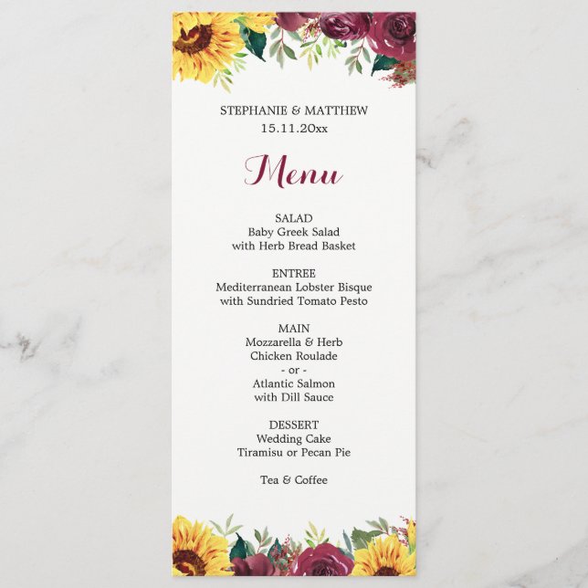 Menu Mariage frontalier floral des tournesols aquarelle (Devant)
