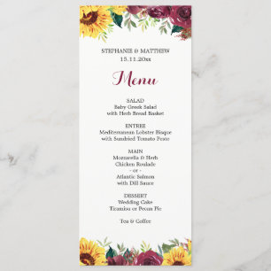 Menu Mariage frontalier floral des tournesols aquarelle