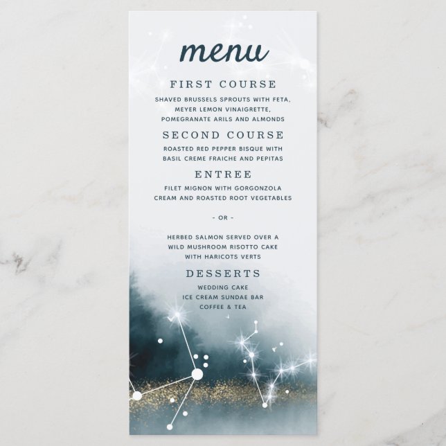 Menu Mariage Galaxy Blue Gold Stars (Devant)