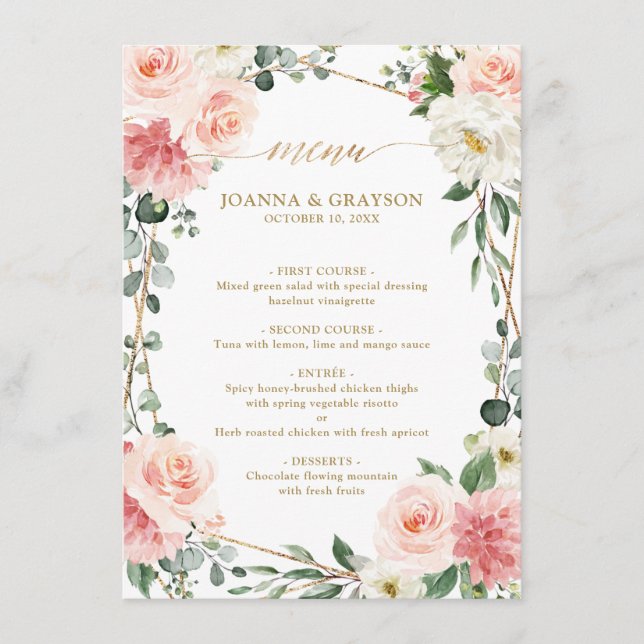Menu Mariage géométrique Blush Pink Floral Gold (Devant)