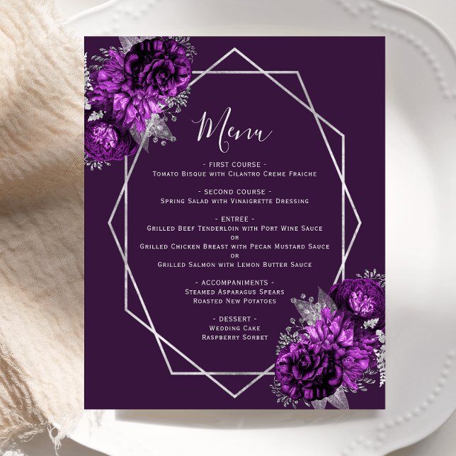 Menu Mariage géométrique Budget Floral Argent (Créateur téléchargé)
