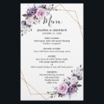 Menu Mariage géométrique des fleurs violettes pous<br><div class="desc">Élégante et moderne, la carte mariage florale du milieu de l'été présente un bouquet de pivoines roses aquarelles dans les tons de prune violette, de rose poussiéreux, de rose poussiéreux, de mauve, de sauge aux feuilles botaniques verdoyants et d'eucalyptus à l'arrière - plan géométrique or. S'il vous plaît trouver d'autres...</div>
