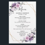 Menu Mariage géométrique des fleurs violettes pous<br><div class="desc">Élégante et moderne, la carte mariage florale du milieu de l'été présente un bouquet de pivoines roses aquarelles dans les tons de prune violette, de rose poussiéreux, de rose poussiéreux, de mauve, de sauge aux feuilles botaniques verdoyants et d'eucalyptus à l'arrière - plan géométrique or. S'il vous plaît trouver d'autres...</div>