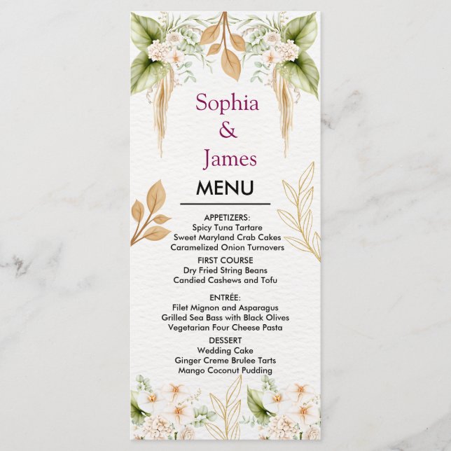 Menu Mariage géométrique floral doré rose (Devant)