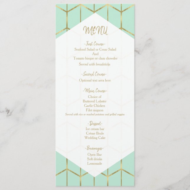 Menu Mariage géométrique Mint Green Hexagon Gold (Devant)