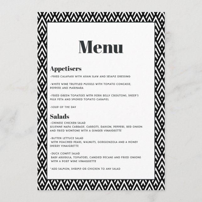 Menu Mariage Géométrique Noir et Blanc Moderne (Devant)