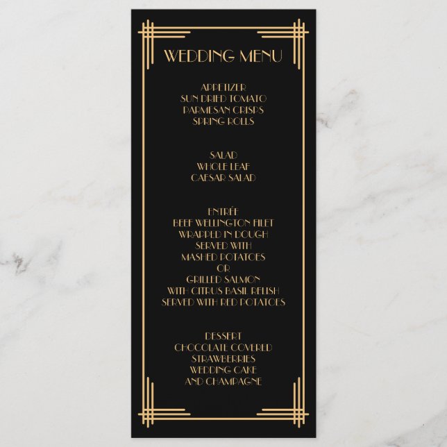 Menu Mariage Gold Black Great Gatsby Art Déco (Devant)