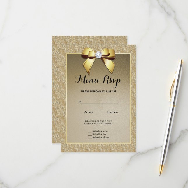 Menu Mariage Gold & Stylish Gem RSVP (Devant/Arrière en situation)