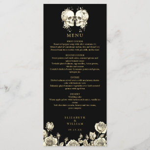 Menu Mariage gothique crânes floraux noir et or