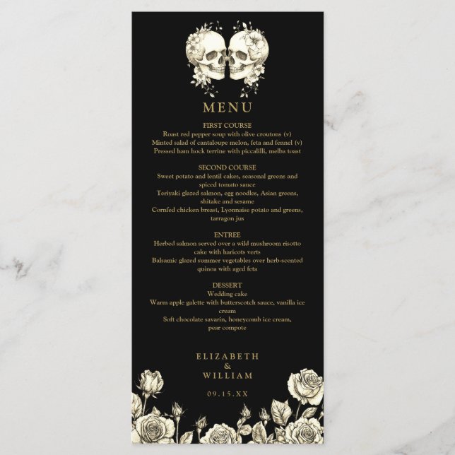 Menu Mariage gothique crânes floraux noir et or (Devant)