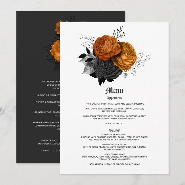 Menu Mariage gothique élégant orange et noir (Devant / Derrière)