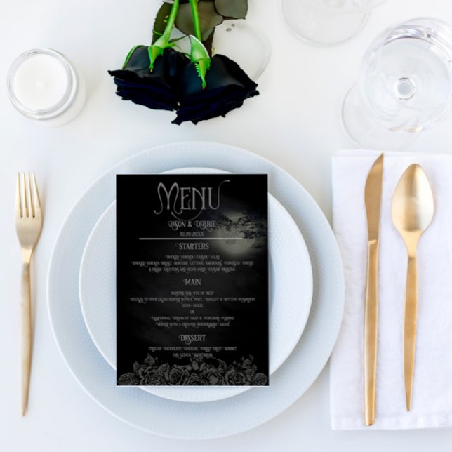 Menu Mariage gothique floral noir et gris personna (Créateur téléchargé)