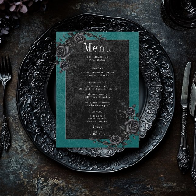 Menu Mariage gothique noir corbeau et roses noires sarc (Créateur téléchargé)