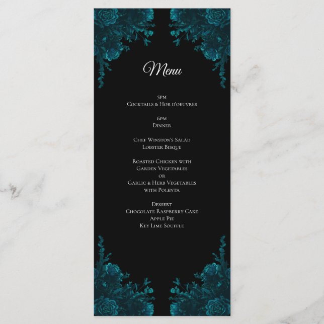 Menu Mariage gothique noir Rose turquoise (Devant)