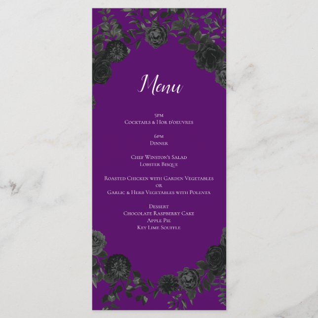 Menu Mariage gothique Rose violet et noir (Devant)