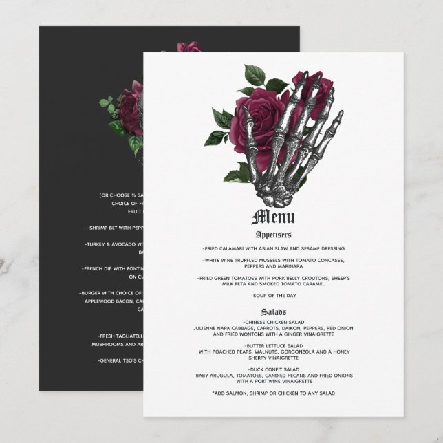 Menu Mariage gothique squelette floral de Bourgogne (Devant / Derrière)