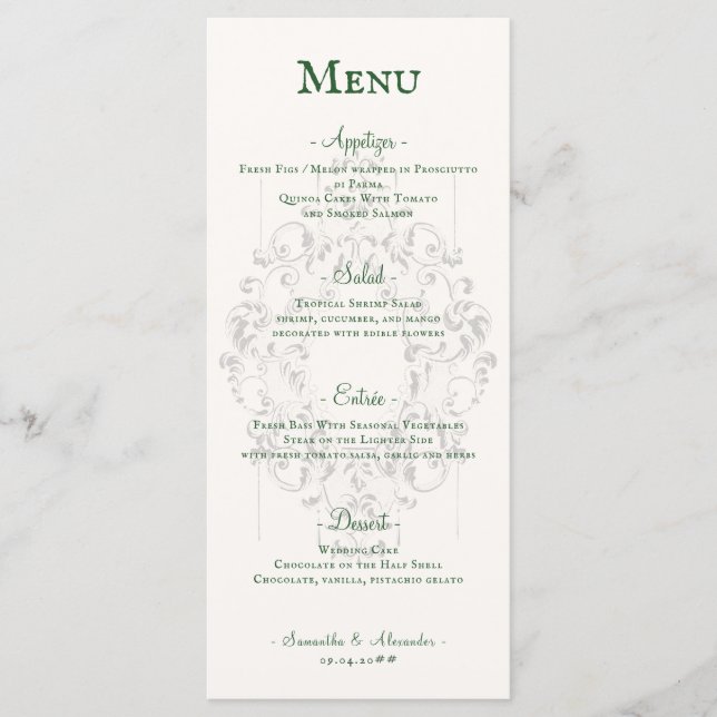 Menu Mariage gothique vert émeraude de crête rustique (Devant)