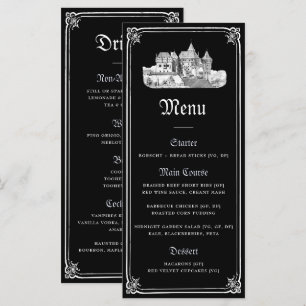 Menu Mariage gothique vintage noir et blanc Château