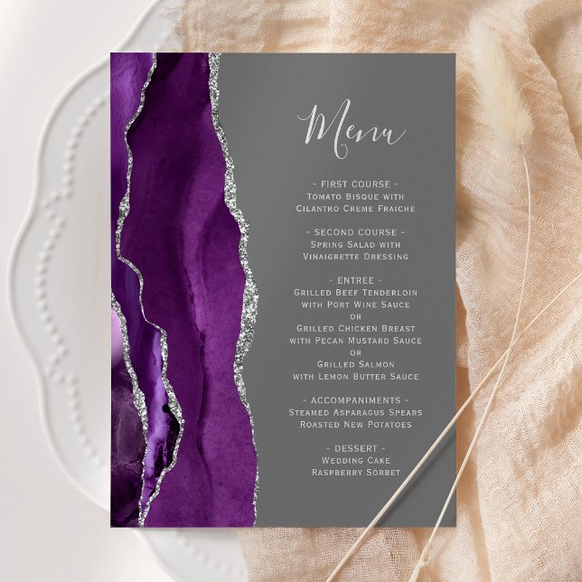 Menu Mariage Gris Argenté Agate Violet (Créateur téléchargé)