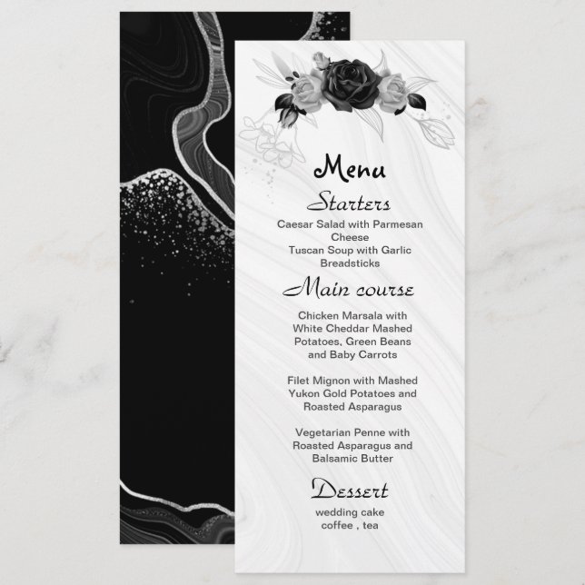 Menu mariage gris argenté et fleurs noires (Devant / Derrière)