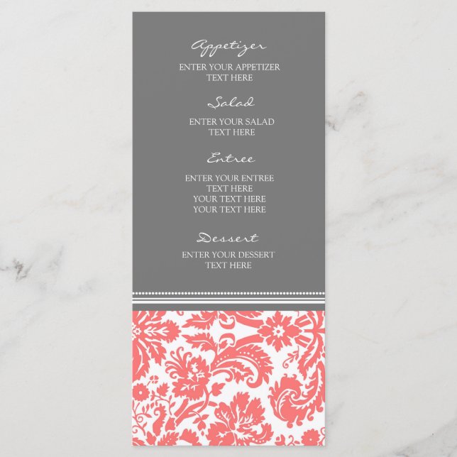 Menu mariage Gris Coral Damask Patte (Devant)