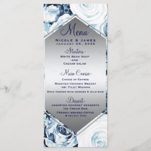 Menu Mariage Hiver Argent Bleu Blanc Vintage Rose