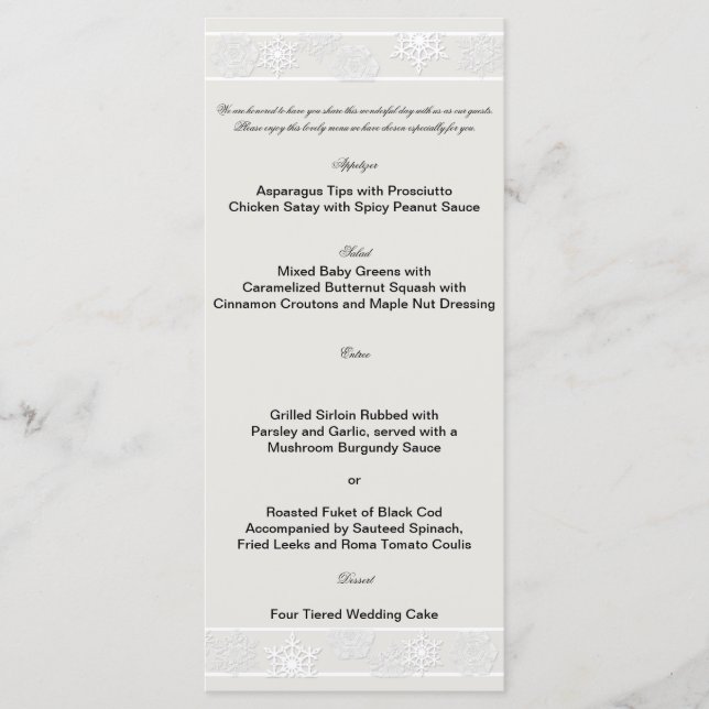 Menu Mariage hiver Silver White Snowflake (Devant)