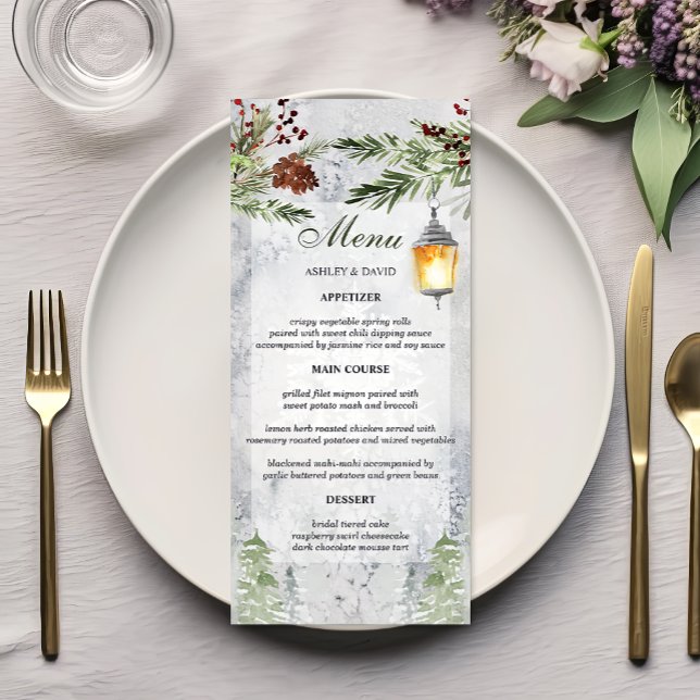 Menu Mariage hivernal avec lanterne rustique en pin (Créateur téléchargé)