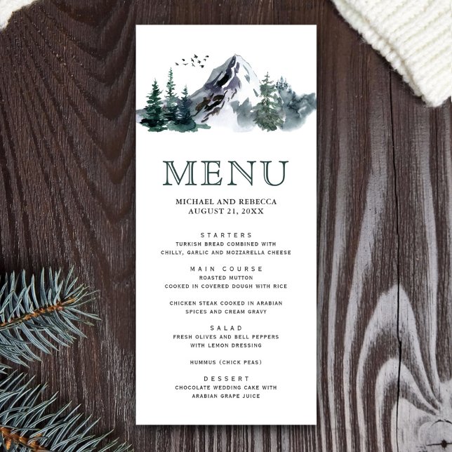 Menu Mariage hivernal en aquarelle rustique en forêt de (Créateur téléchargé)