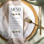 Menu Mariage hivernal Holly et Red Berries<br><div class="desc">Menu de mariage d'hiver avec des cours de dîner entièrement modifiables et des éléments de menu. Le design se caractérise par une typographie élégante et des branches de houx aux baies rouges. Pour coordonner les invitations, la papeterie et le décor de jour de l'événement, veuillez consulter ma collection de Mariages...</div>