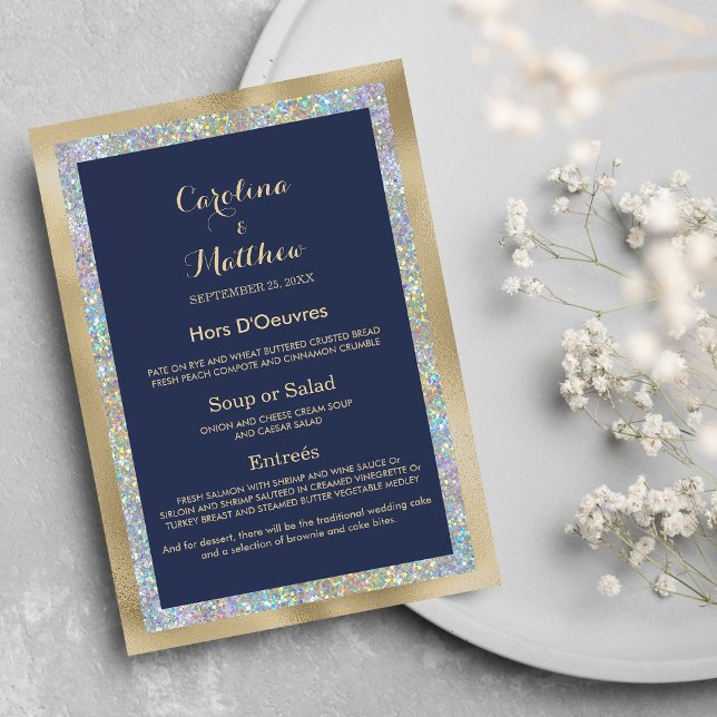 Menu Mariage holographique en or bleu marine (Navy blue gold silver holographic Wedding Menu )