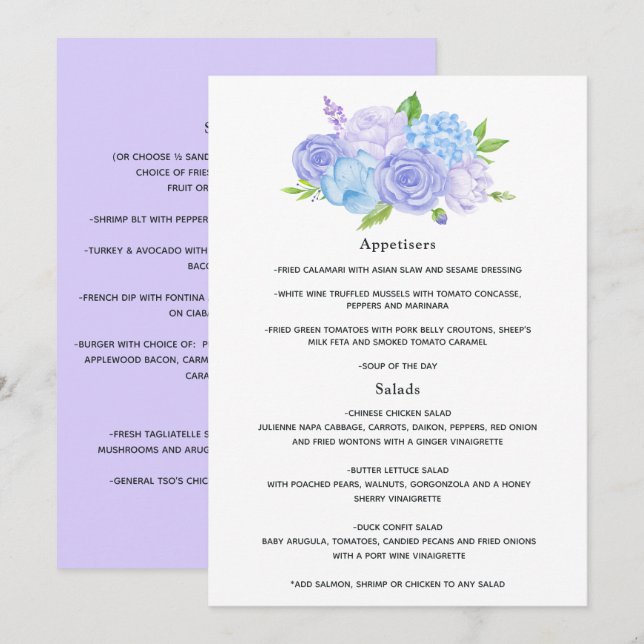 Menu Mariage Hydrangea Bleu et Lavande Clair (Devant / Derrière)